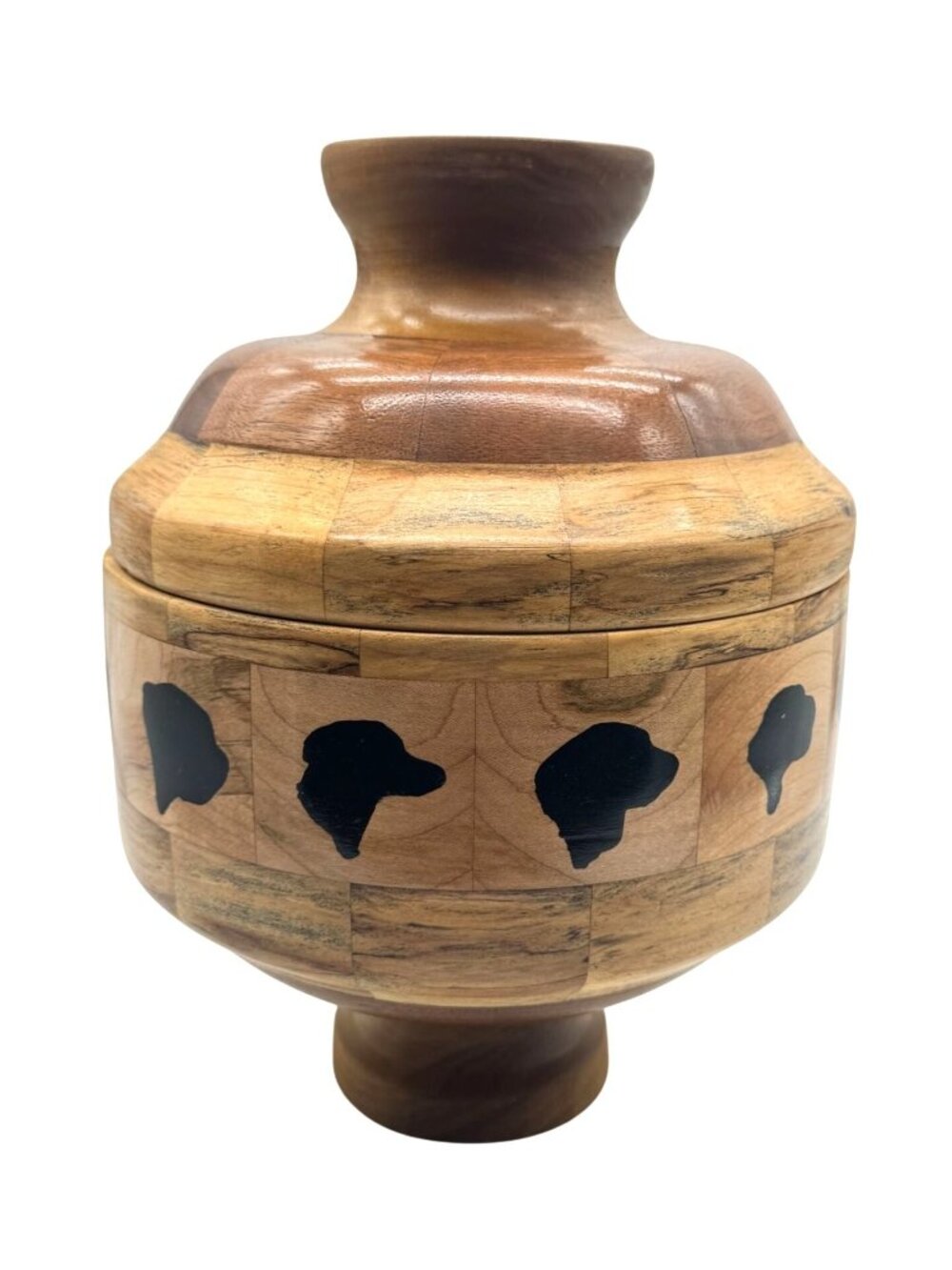 Handcrafted Wooden Urn or Container With Dog Silhouette Inlays 12"H x 9"W